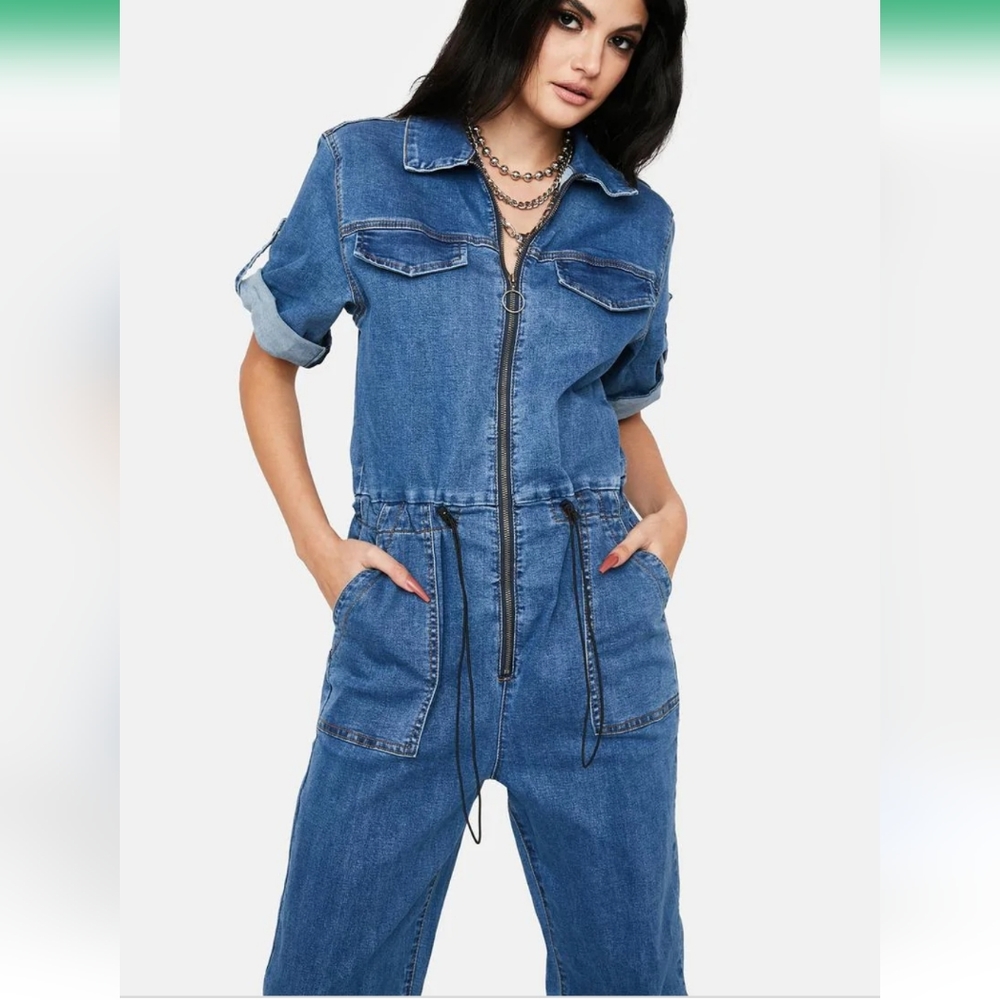 American Bazi cinched waist zip up medium wash denim jumpsuit size M - Picture 1 of 9